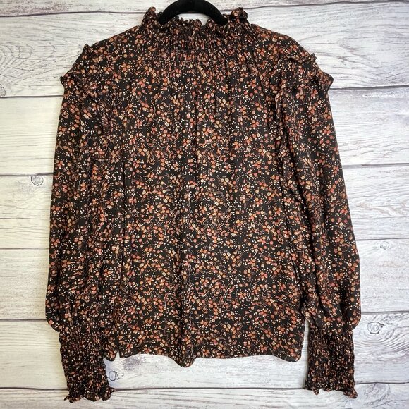 Max Studio Women's Blouse Size XL Ruffles Ditzy Print Autumn‎ Smocked Neck Cuffs - Picture 2 of 16